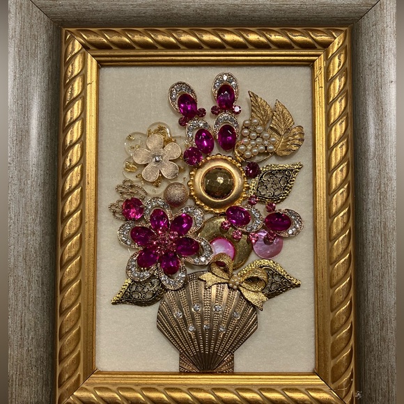 FRAMED JEWELRY ART COLLAGE HANDMADE UNIQUE OOAK GIFT π IDEA. BRIGHT GOLD FRAME - Picture 2 of 13